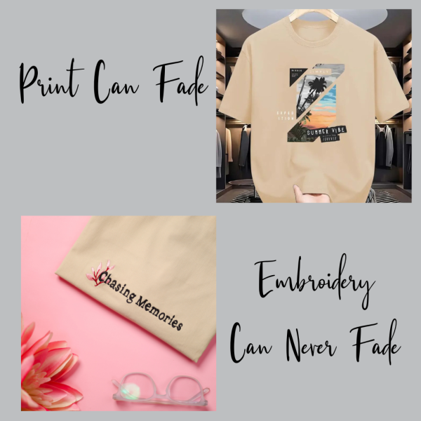 Durability comparison of printed vs embroidered tee shirt after washing